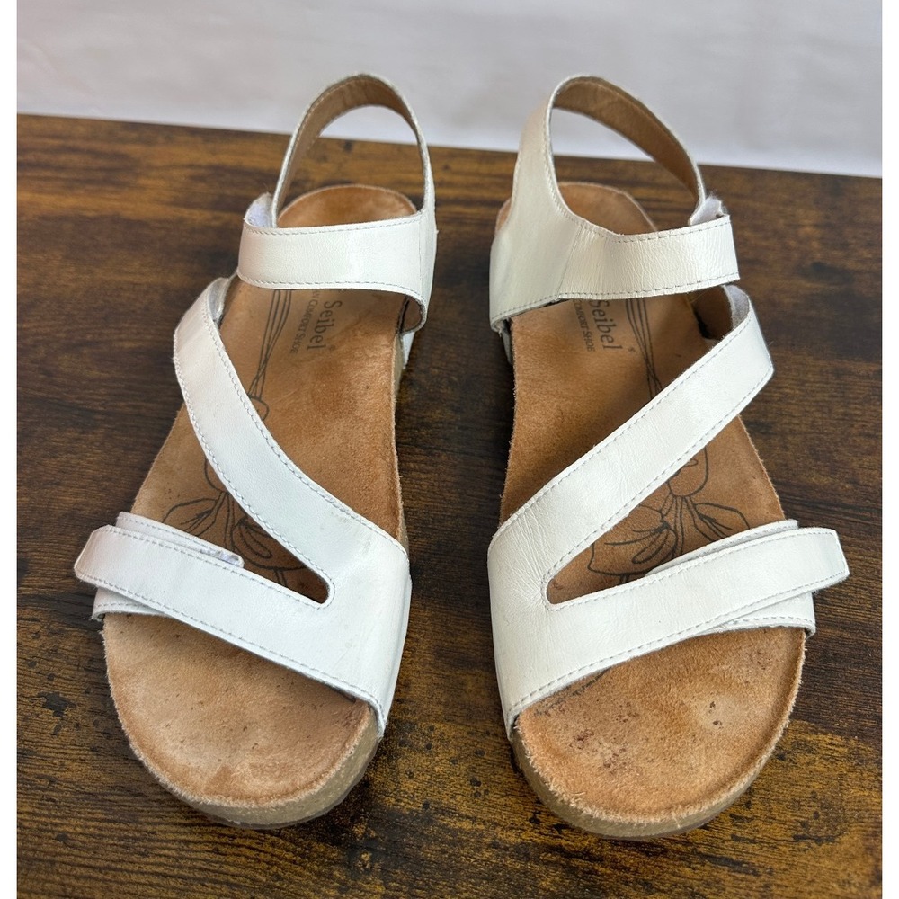 Josef Seibel Tonga 25 Women's Sandals White Leather Tan Cork Size 41 US 10 -10.5 - Picture 3 of 11